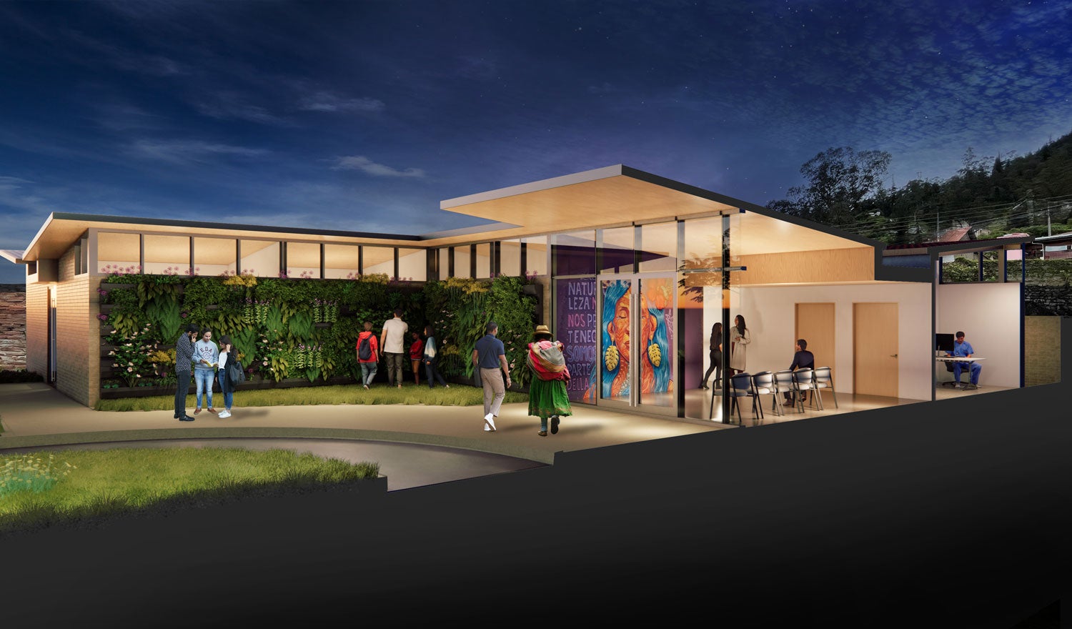 Rendering of a health clinic at night, with views of the inside and the people