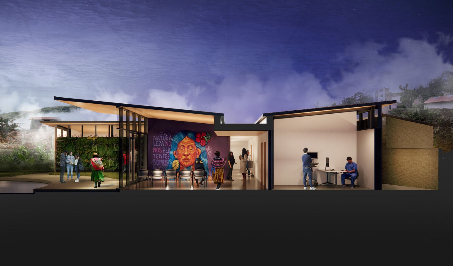 Rendering of a health clinic at night, with views inside the space