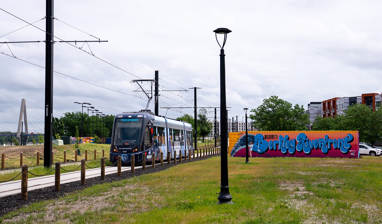 KC Streetcar moving along the Riverfront Extension