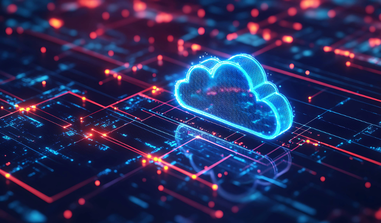 Close up of a circuit board with a cloud icon displayed.