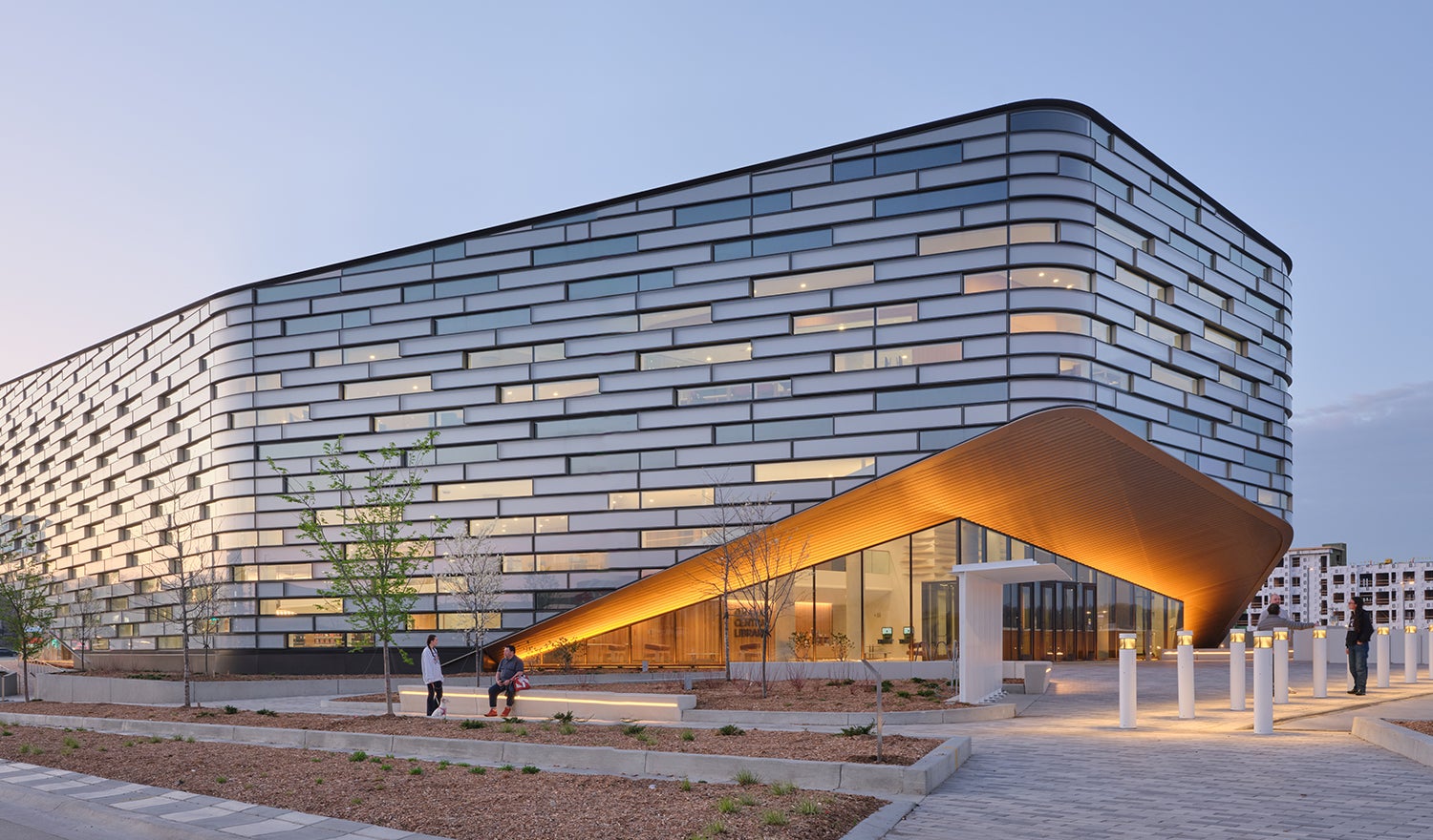 Omaha Central Library Entrance at Dusk