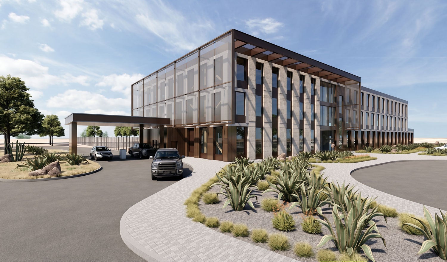 Rendering of the entrance to a civic building with cars driving up to the front
