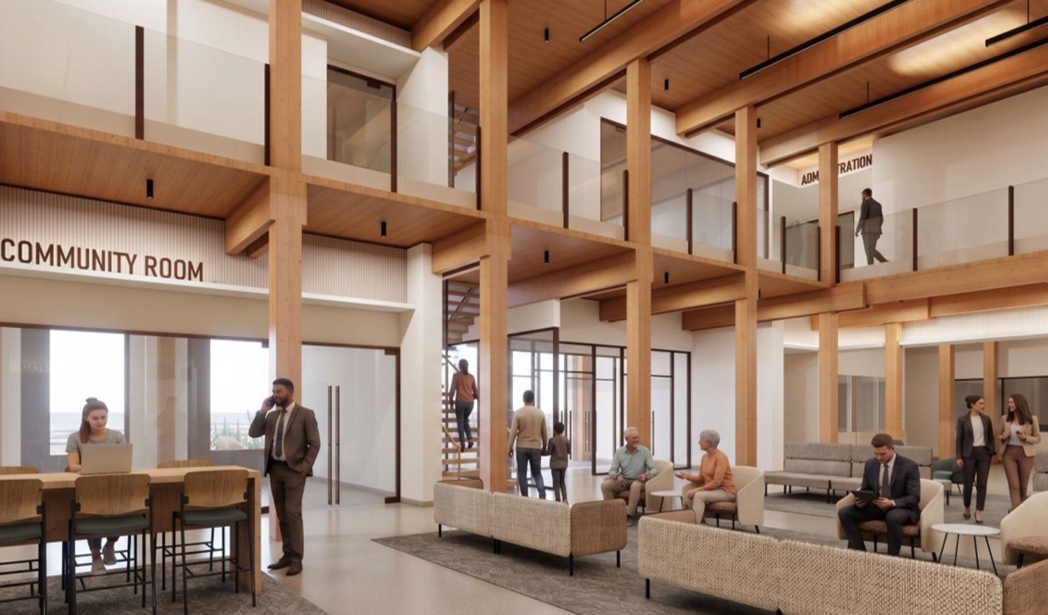 Rendering of the interior of a civic building with people walking around and timber interiors