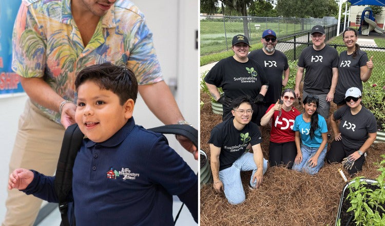 A boy with a backpack and HDR employees gardening
