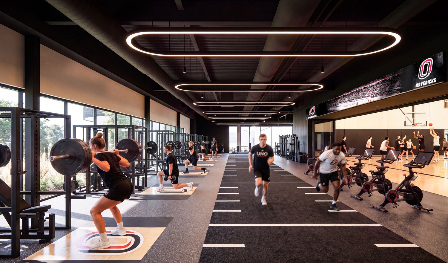 Rendering of college students exercising in a modern university gym with weights and stationary bikes