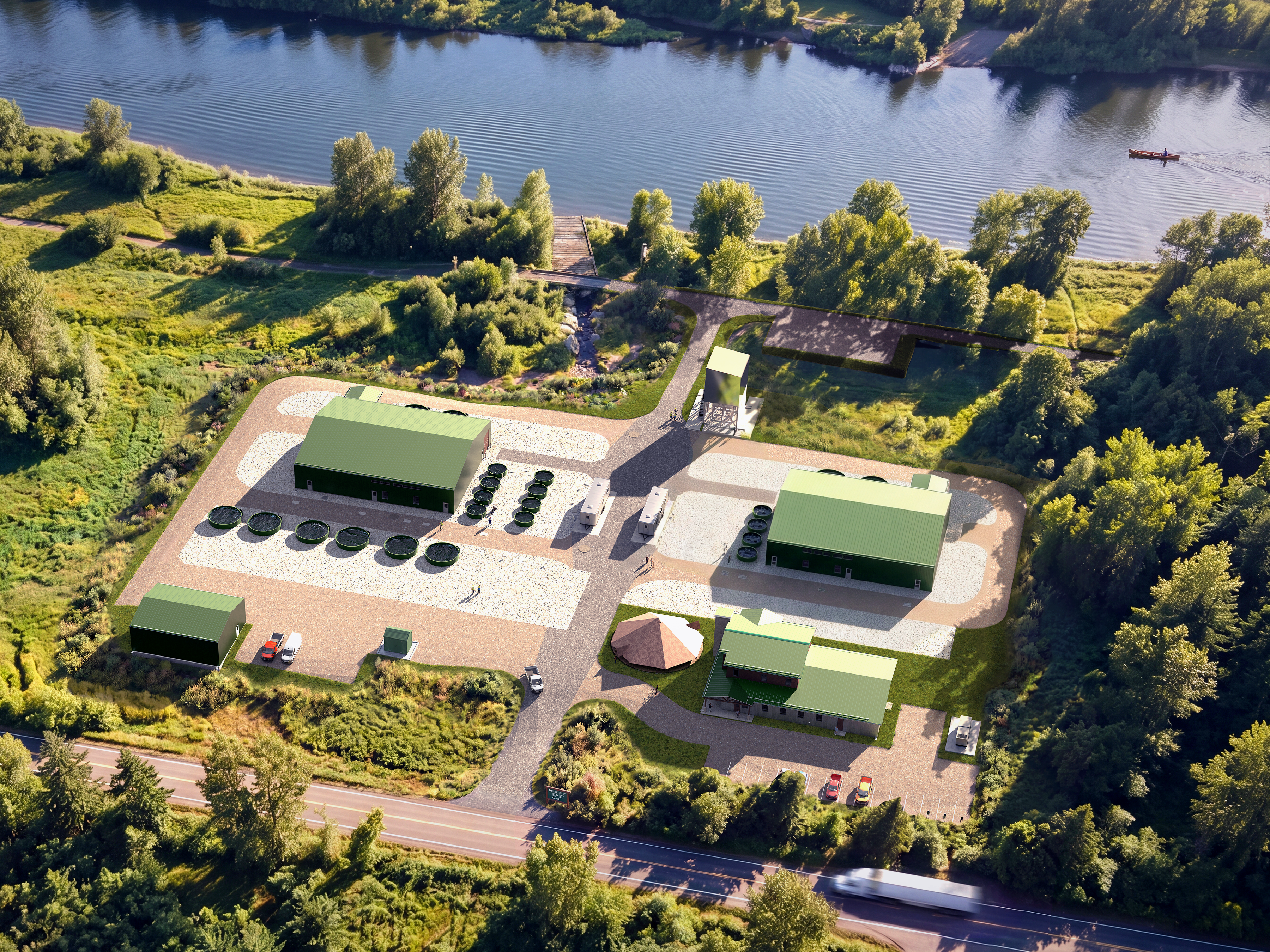 Rendering of a fish hatchery with buildings and tanks in foreground and river in background