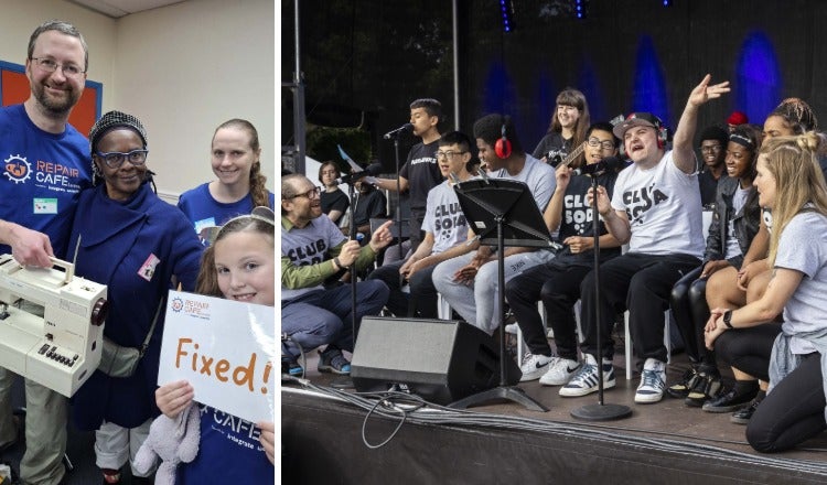 People pose with sign, and kids play music