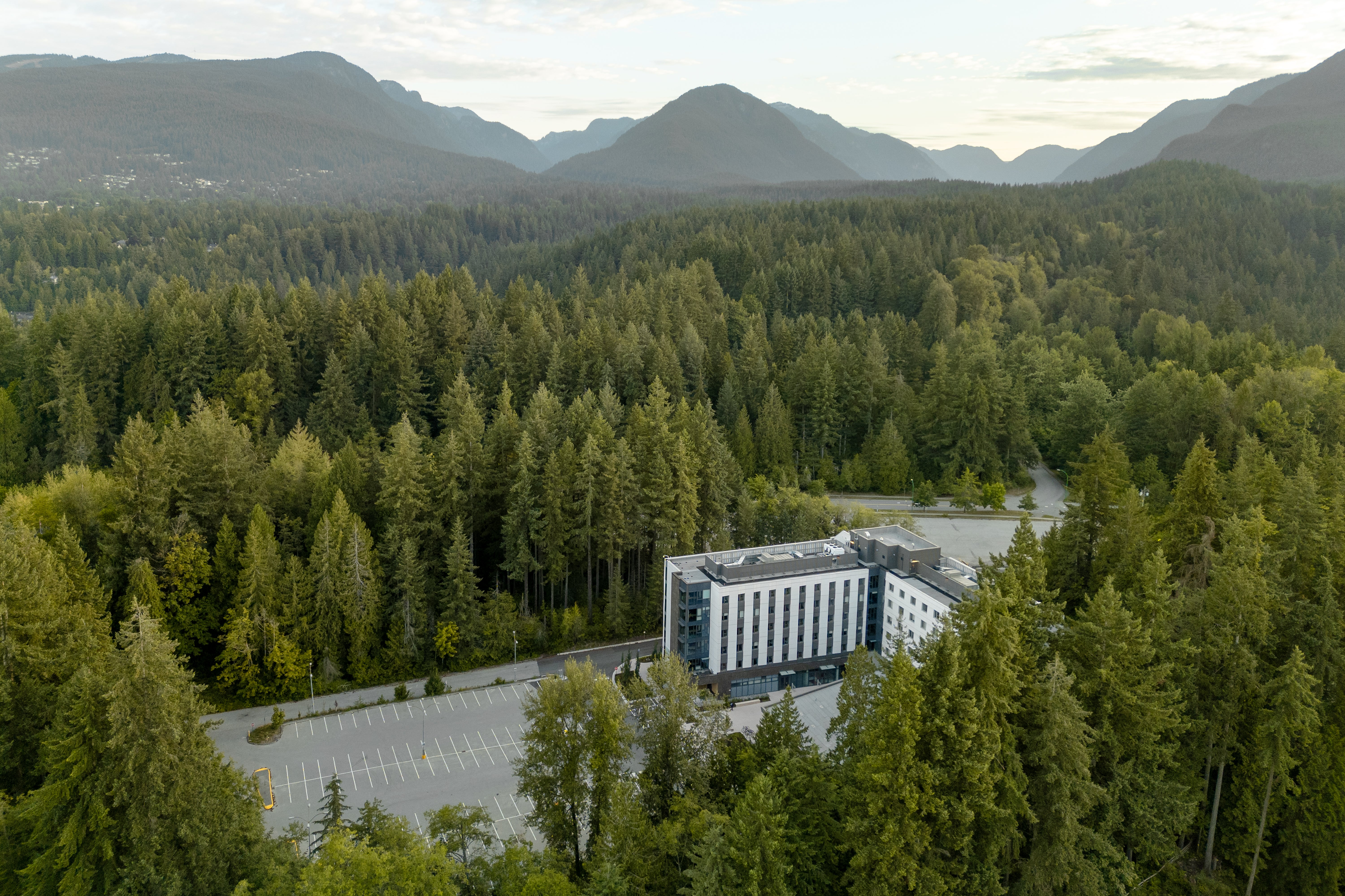 Aerial view of Capilano Treehouse building surrounded by forest